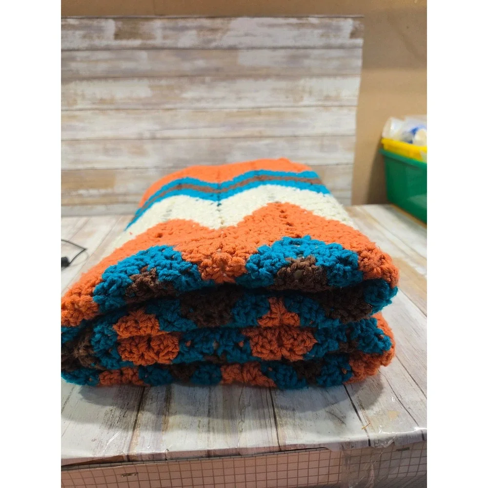 Vintage Handmade Crochet Afghan Blanket Orange Teal Brown Chevron Ripple 43x83